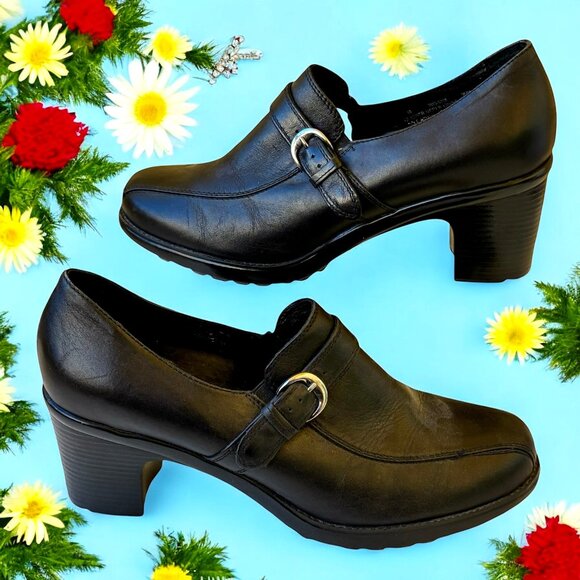 Dansko Black Leather Pump Heel Clog Rosalie Buckle Strap Womens size 40 9.5 10 - Picture 1 of 14